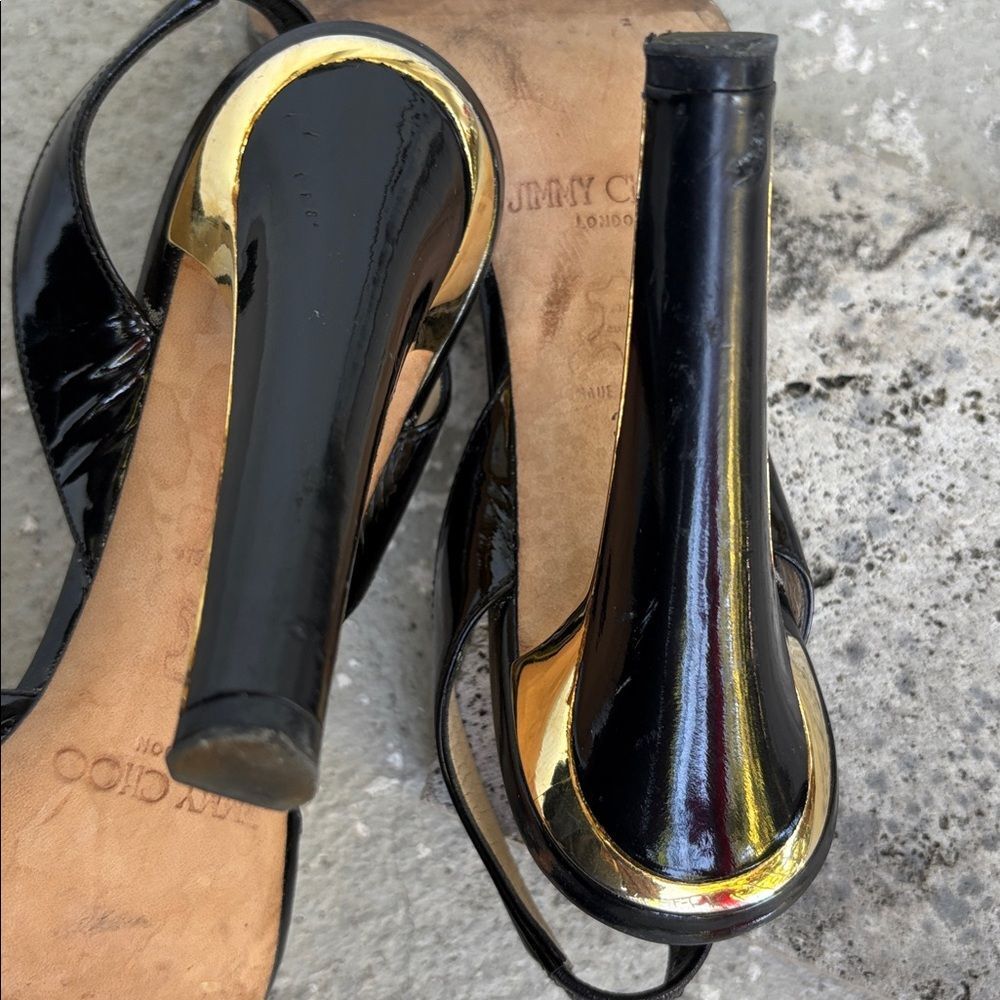 Jimmy Choo Black Patent Leather Slingback Heels with Gold Metallic Heel - Picture 5 of 9
